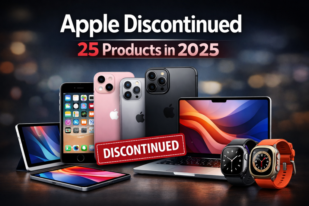 Apple discontinued 25 products in 2025, featuring iPhone SE, iPhone Plus models, iPads, Apple Watch, and MacBooks marked as discontinued.