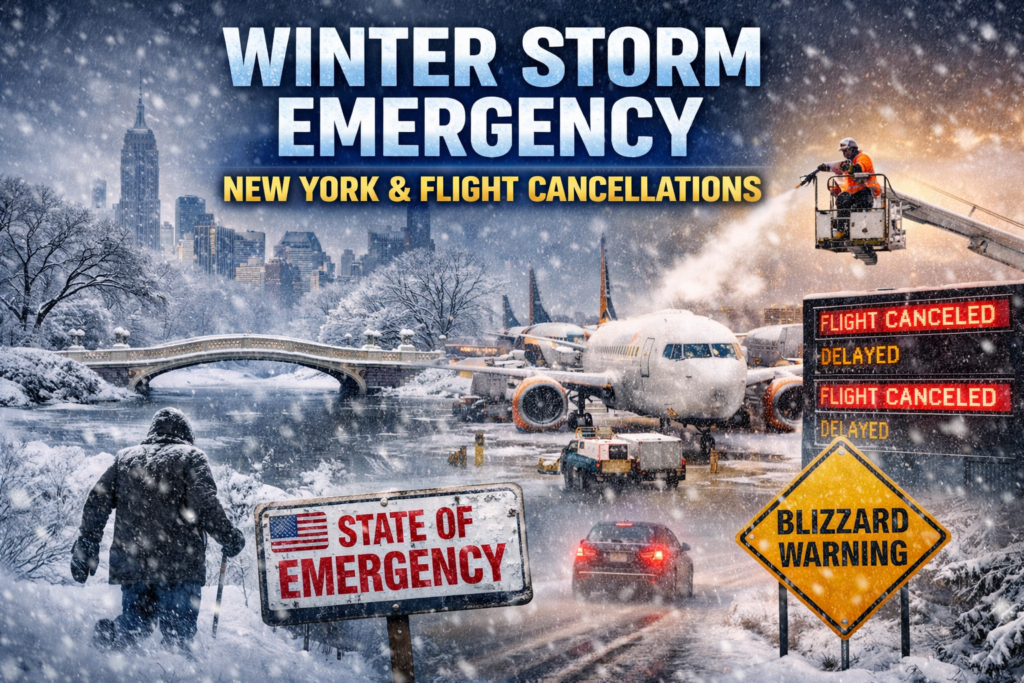 Alt Text: US winter storm causes heavy snowfall in New York and widespread flight cancellations