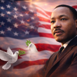 Martin Luther King Jr birthday tribute with American flag and doves representing peace