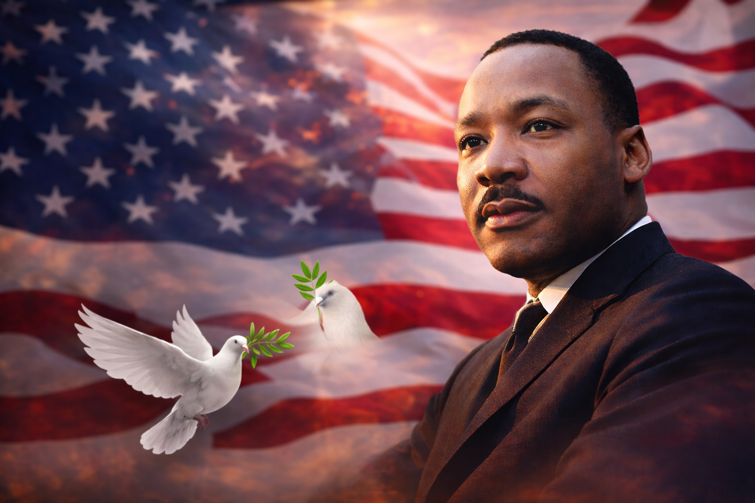 Martin Luther King Jr birthday tribute with American flag and doves representing peace