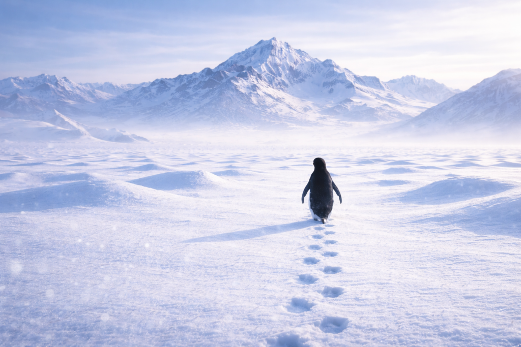 Nihilist penguin walking toward distant mountains with footsteps visible in snow