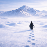 Nihilist penguin walking toward distant mountains with footsteps visible in snow