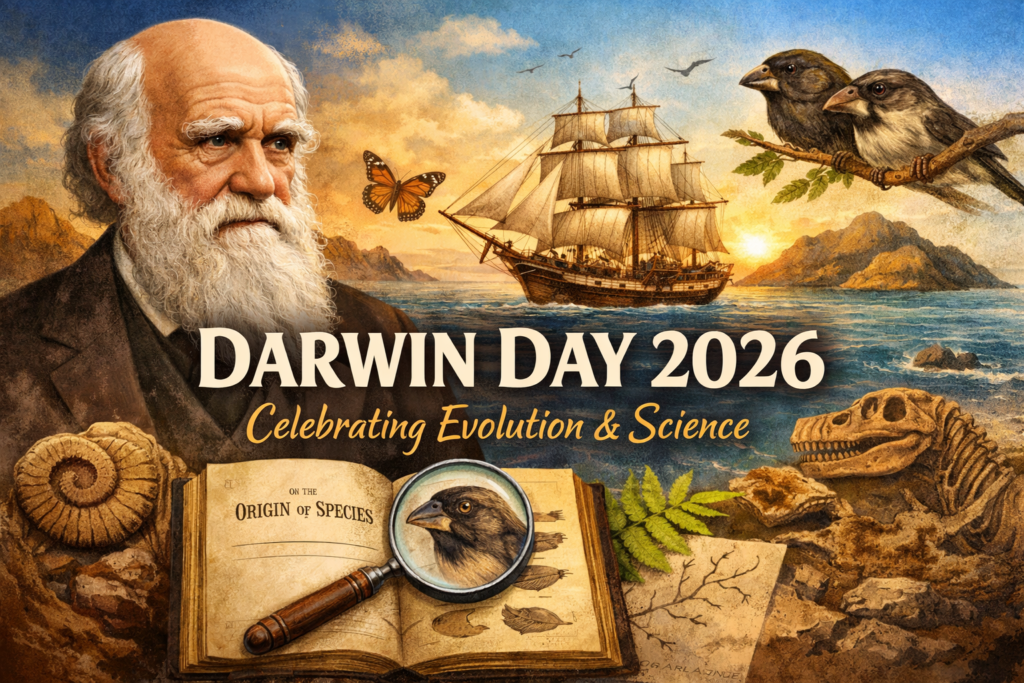 Charles Darwin portrait with HMS Beagle, Galapagos finches and fossil illustration – Darwin Day 2026 celebration of evolution and science