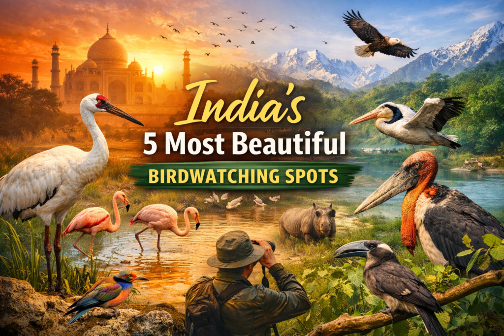 India’s most beautiful birdwatching spots featuring migratory birds, wetlands, and sunrise landscape