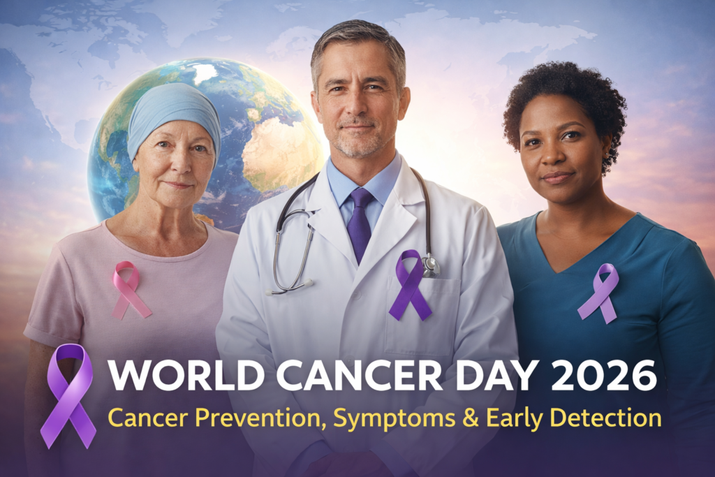 World Cancer Day 2026 awareness showing doctor and survivors promoting cancer prevention and early detection