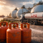 LPG gas cylinders and large storage tanks at a global LPG distribution terminal