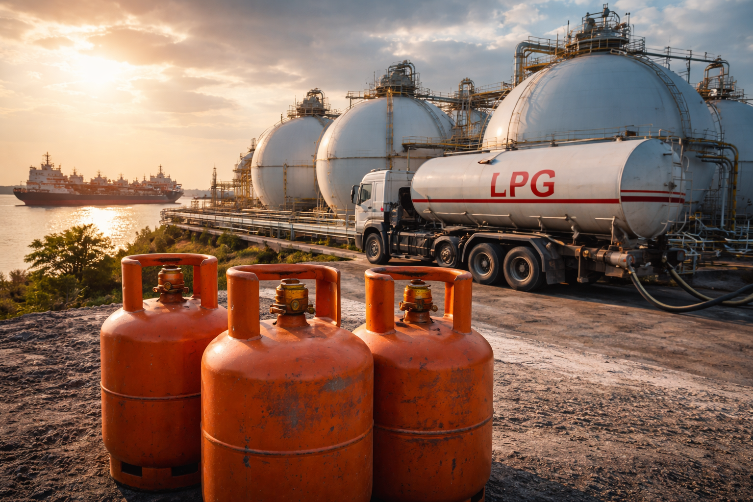 LPG gas cylinders and large storage tanks at a global LPG distribution terminal