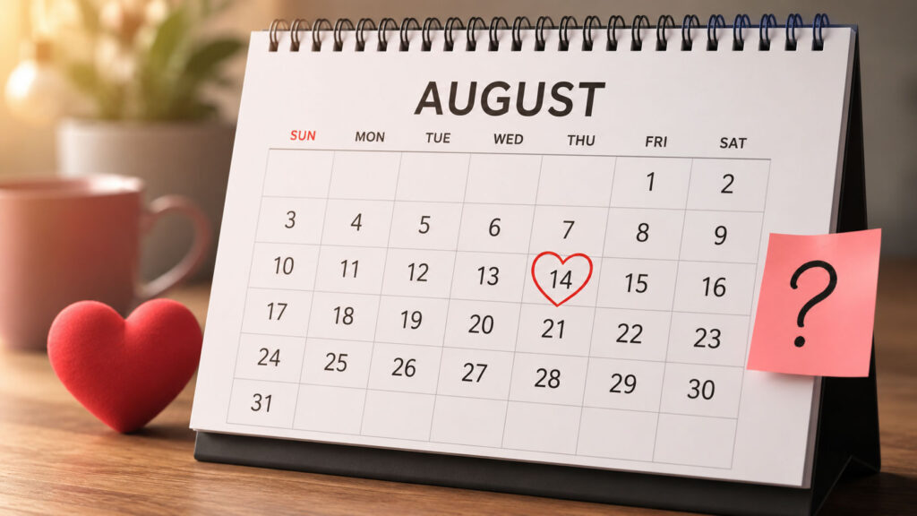 A calendar highlighting August with a heart symbol and a question mark, representing the viral August Dating Theory