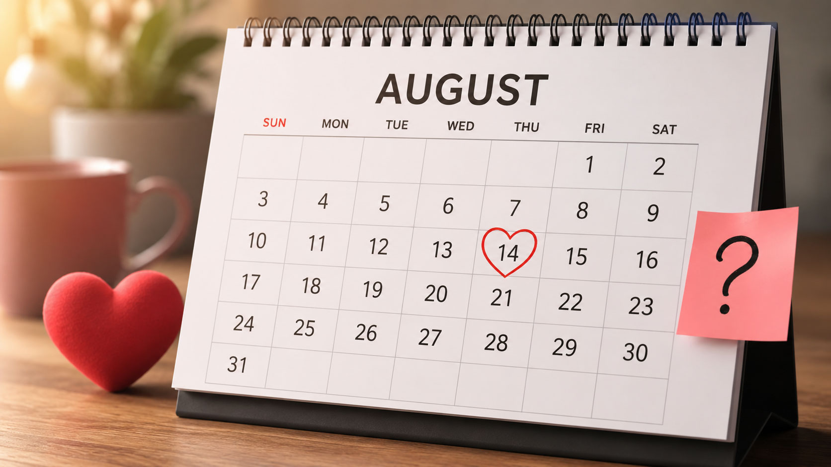A calendar highlighting August with a heart symbol and a question mark, representing the viral August Dating Theory