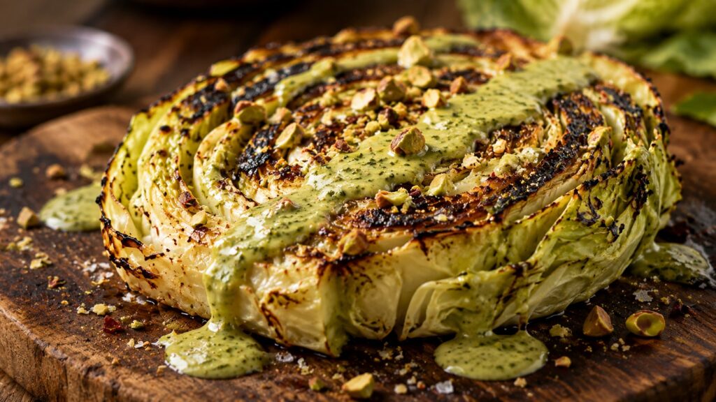 Charred grilled cabbage steak with creamy sauce for cabbagecore trend