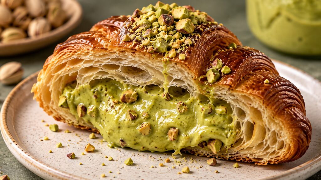 Pistachio-filled croissant pastry from the 2026 viral food trend