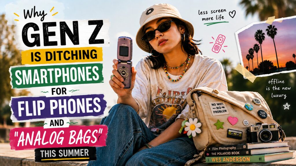 A flat lay of an analog summer bag containing a Walkman, flip phone, instant camera, journal, and puzzles representing the Gen Z digital detox trend.