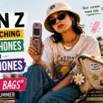 A flat lay of an analog summer bag containing a Walkman, flip phone, instant camera, journal, and puzzles representing the Gen Z digital detox trend.