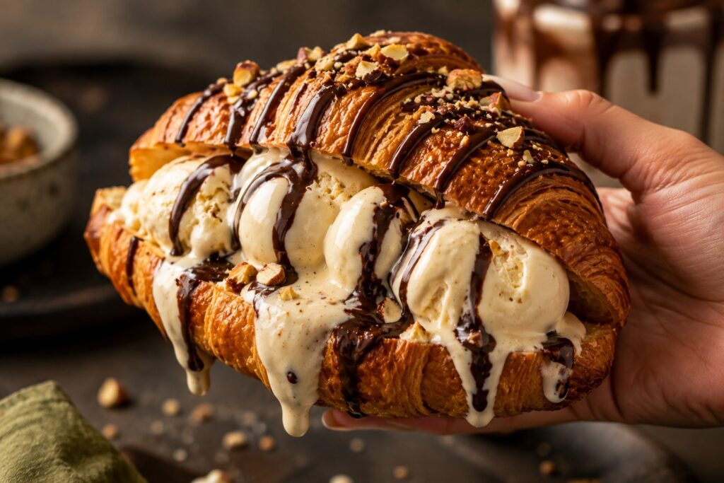 Homemade Magnum croissant with ice cream and chocolate sauce