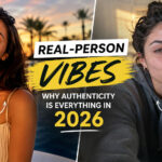 A split image showing polished, scripted social media content on one side and raw, unfiltered real-person vibes on the other