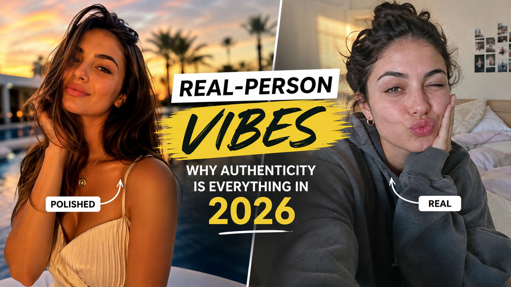 A split image showing polished, scripted social media content on one side and raw, unfiltered real-person vibes on the other