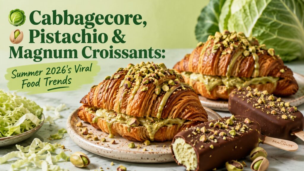 Summer 2026 viral food trends including grilled cabbage, pistachio pastry, and ice cream croissant